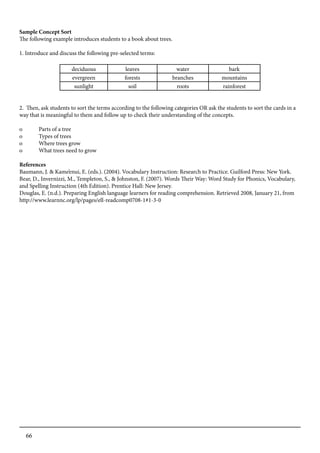 66
Sample Concept Sort
The following example introduces students to a book about trees.
1. Introduce and discuss the following pre-selected terms:
deciduous leaves water bark
evergreen forests branches mountains
sunlight soil roots rainforest
2. Then, ask students to sort the terms according to the following categories OR ask the students to sort the cards in a
way that is meaningful to them and follow up to check their understanding of the concepts.
o	 Parts of a tree
o	 Types of trees
o	 Where trees grow
o	 What trees need to grow
References
Baumann, J. & Kame’enui, E. (eds.). (2004). Vocabulary Instruction: Research to Practice. Guilford Press: New York.
Bear, D., Invernizzi, M., Templeton, S., & Johnston, F. (2007). Words Their Way: Word Study for Phonics, Vocabulary,
and Spelling Instruction (4th Edition). Prentice Hall: New Jersey.
Douglas, E. (n.d.). Preparing English language learners for reading comprehension. Retrieved 2008, January 21, from
http://www.learnnc.org/lp/pages/ell-readcomp0708-1#1-3-0
 