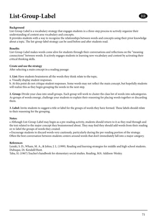 71
List-Group-Label
Background
List-Group-Label is a vocabulary strategy that engages students in a three-step process to actively organize their
understanding of content area vocabulary and concepts.
It provides students with a way to recognize the relationships between words and concepts using their prior knowledge
about a topic. The list-group-label strategy can be used before and after students read.
Benefits
List-Group-Label makes words come alive for students through their conversations and reflections on the “meaning
connections” between words. It actively engages students in learning new vocabulary and content by activating their
critical thinking skills.
Create and use the strategy
After selecting a main concept in a reading passage:
1. List: Have students brainstorm all the words they think relate to the topic.
a. Visually display student responses.
b. At this point do not critique student responses. Some words may not reflect the main concept, but hopefully students
will realize this as they begin grouping the words in the next step.
2. Group: Divide your class into small groups. Each group will work to cluster the class list of words into subcategories.
As groups of words emerge, challenge your students to explain their reasoning for placing words together or discarding
them.
3. Label: Invite students to suggest a title or label for the groups of words they have formed. These labels should relate
to their reasoning for the grouping.
Notes:
• Although List-Group-Label may begin as a pre-reading activity, students should return to it as they read through and
the text related to the major concept they brainstormed about. They may find they should add words from their reading
or re-label the groups of words they created.
• Encourage students to discard words very cautiously, particularly during the pre-reading portion of the strategy.
Often the best conversation between students centers around words that don’t immediately fall into a major category.
References
Lenski, S. D., Wham, M. A., & Johns, J. L. (1999). Reading and learning strategies for middle and high school students.
Dubuque, IA: Kendall/Hunt.
Taba, H. (1967).Teacher’s handbook for elementary social studies. Reading, MA: Addison-Wesley.
BR
 