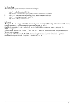 75
Further reading
The following links provide examples of mnemonic strategies:
•	 http://www.ldonline.org/article/5912
•	 http://human-factors.arc.nasa.gov/cognition/tutorials/mnemonics/index.html
•	 http://www.k8accesscenter.org/training_resources/mnemonics_reading.asp
•	 http://www.readingrockets.org/article/5736
•	 http://www.ict4us.com/mnemonics/
References
Mastropieri, M. A., & Scruggs, T. E. (1998). Constructing more meaningful relationships in the classroom: Mnemonic
research into practice. Learning Disabilities Research & Practice, 13, 138-145.
Nagel, D. R., Schumaker, J. B., & Deshler, D. D. (1986). The FIRST-letter mnemonic strategy. Lawrence, KS:
EXCELLenterprises.
Schumaker, J. B., Bulgren, J. A., Deshler, D. D., & Lenz, B. K. (1998). The recall enhancement routine. Lawrence, KS:
The University of Kansas.
Scruggs, T. E., and Mastropieri, M. A. (1992). Classroom applications of mnemonic instruction: Acquisition,
maintenance and generalization. Exceptional Children, 58, 219-229.
 