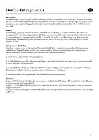 85
Double-Entry Journals
Background
The Double-Entry Journal strategy enables students to record their responses to text as they read. Students write down
phrases or sentences from their assigned reading and then write their own reaction to that passage. The purpose of this
strategy is to give students the opportunity to express their thoughts and become actively involved with the material
they read.
Benefits
Double-Entry Journaling improves students’ comprehension, vocabulary, and content retention. This interactive
strategy activates prior knowledge and present feelings, and promotes collaborative learning. It fosters the connection
between reading and writing as students are able to “reply” to the author or speaker as they write their responses.
The technique offers flexibility in that teachers can use any form of written text, read alouds, or listenings that are
assigned in class.
Create and use the strategy
Introduce a passage of text to the students. Discuss the Double-Entry Journal technique and model the procedure
including specific guidelines for writing. Have students read the selected text making journal entries whenever a
natural pause in the reading occurs, so that the flow is not interrupted constantly.
1. Students fold a piece of paper in half, lengthwise.
2. In the left hand column, the students write a phrase or sentence from the selection that was particularly meaningful
to them, along with the page number.
3. In the right hand column, the students react to the passage by writing personal responses to the quotes on the left.
The entry may include a comment, a question, a connection made, or an analysis.
4. Students can share their responses with the class or literature discussion group.
References
Joyce, M. (1997). Double Entry Journals and Learning Logs. Retrieved 2008, January 23, from http://www.maslibraries.
org/infolit/samplers/spring/doub.html
Litwiller, D.(2003). Helpful ESL Links. Retrieved 2008, January 24, from http://homepage.usask.ca/~dul381/common/
helpfulesllinks.html
Ruddell, R. (2002). Teaching Children to Read and Write: Becoming an Influential Teacher (3rd Edition). Boston: Allyn
and Bacon.
DR
 