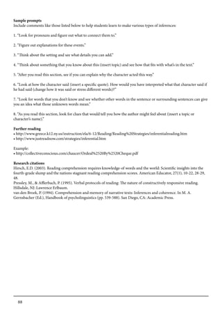 88
Sample prompts
Include comments like those listed below to help students learn to make various types of inferences:
1. “Look for pronouns and figure out what to connect them to.”
2. “Figure out explanations for these events.”
3. “Think about the setting and see what details you can add.”
4. “Think about something that you know about this (insert topic) and see how that fits with what’s in the text.”
5. “After you read this section, see if you can explain why the character acted this way.”
6. “Look at how the character said (insert a specific quote). How would you have interpreted what that character said if
he had said (change how it was said or stress different words)?”
7. “Look for words that you don’t know and see whether other words in the sentence or surrounding sentences can give
you an idea what those unknown words mean.”
8. “As you read this section, look for clues that would tell you how the author might feel about (insert a topic or
character’s name).”
Further reading
• http://www.greece.k12.ny.us/instruction/ela/6-12/Reading/Reading%20Strategies/inferentialreading.htm
• http://www.justreadnow.com/strategies/inferential.htm
Example:
• http://collectiveconscious.com/chaucer/Ordeal%2520By%2520Cheque.pdf
Research citations
Hirsch, E.D. (2003). Reading comprehension requires knowledge-of words and the world: Scientific insights into the
fourth-grade slump and the nations stagnant reading comprehension scores. American Educator, 27(1), 10-22, 28-29,
48.
Pressley, M., & Afflerbach, P. (1995). Verbal protocols of reading: The nature of constructively responsive reading.
Hillsdale, NJ: Lawrence Erlbaum.
van den Broek, P. (1994). Comprehension and memory of narrative texts: Inferences and coherence. In M. A.
Gernsbacher (Ed.), Handbook of psycholinguistics (pp. 539-588). San Diego, CA: Academic Press.
 