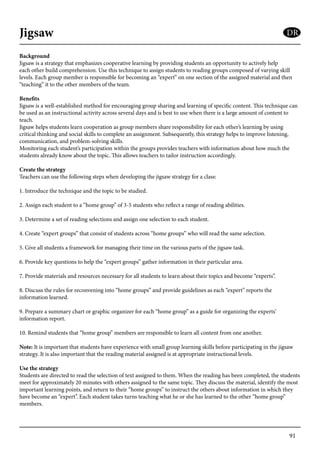 91
Jigsaw
Background
Jigsaw is a strategy that emphasizes cooperative learning by providing students an opportunity to actively help
each other build comprehension. Use this technique to assign students to reading groups composed of varying skill
levels. Each group member is responsible for becoming an “expert” on one section of the assigned material and then
“teaching” it to the other members of the team.
Benefits
Jigsaw is a well-established method for encouraging group sharing and learning of specific content. This technique can
be used as an instructional activity across several days and is best to use when there is a large amount of content to
teach.
Jigsaw helps students learn cooperation as group members share responsibility for each other’s learning by using
critical thinking and social skills to complete an assignment. Subsequently, this strategy helps to improve listening,
communication, and problem-solving skills.
Monitoring each student’s participation within the groups provides teachers with information about how much the
students already know about the topic. This allows teachers to tailor instruction accordingly.
Create the strategy
Teachers can use the following steps when developing the jigsaw strategy for a class:
1. Introduce the technique and the topic to be studied.
2. Assign each student to a “home group” of 3-5 students who reflect a range of reading abilities.
3. Determine a set of reading selections and assign one selection to each student.
4. Create “expert groups” that consist of students across “home groups” who will read the same selection.
5. Give all students a framework for managing their time on the various parts of the jigsaw task.
6. Provide key questions to help the “expert groups” gather information in their particular area.
7. Provide materials and resources necessary for all students to learn about their topics and become “experts”.
8. Discuss the rules for reconvening into “home groups” and provide guidelines as each “expert” reports the
information learned.
9. Prepare a summary chart or graphic organizer for each “home group” as a guide for organizing the experts’
information report.
10. Remind students that “home group” members are responsible to learn all content from one another.
Note: It is important that students have experience with small group learning skills before participating in the jigsaw
strategy. It is also important that the reading material assigned is at appropriate instructional levels.
Use the strategy
Students are directed to read the selection of text assigned to them. When the reading has been completed, the students
meet for approximately 20 minutes with others assigned to the same topic. They discuss the material, identify the most
important learning points, and return to their “home groups” to instruct the others about information in which they
have become an “expert”. Each student takes turns teaching what he or she has learned to the other “home group”
members.
DR
 