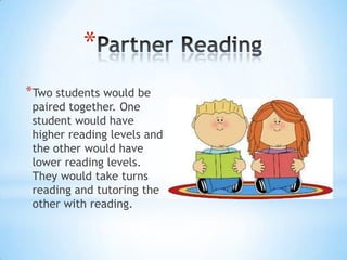 *
*Two students would be
paired together. One
student would have
higher reading levels and
the other would have
lower reading levels.
They would take turns
reading and tutoring the
other with reading.
 