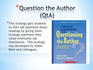 *This strategy gets students
to start ask questions about
readings by giving them
strategy questions they
could eventually ask
themselves. This strategy
was developed by Isabel
Beck and colleagues.
*
 