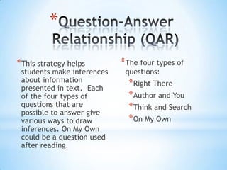 *This strategy helps
students make inferences
about information
presented in text. Each
of the four types of
questions that are
possible to answer give
various ways to draw
inferences. On My Own
could be a question used
after reading.
*The four types of
questions:
*Right There
*Author and You
*Think and Search
*On My Own
*
 