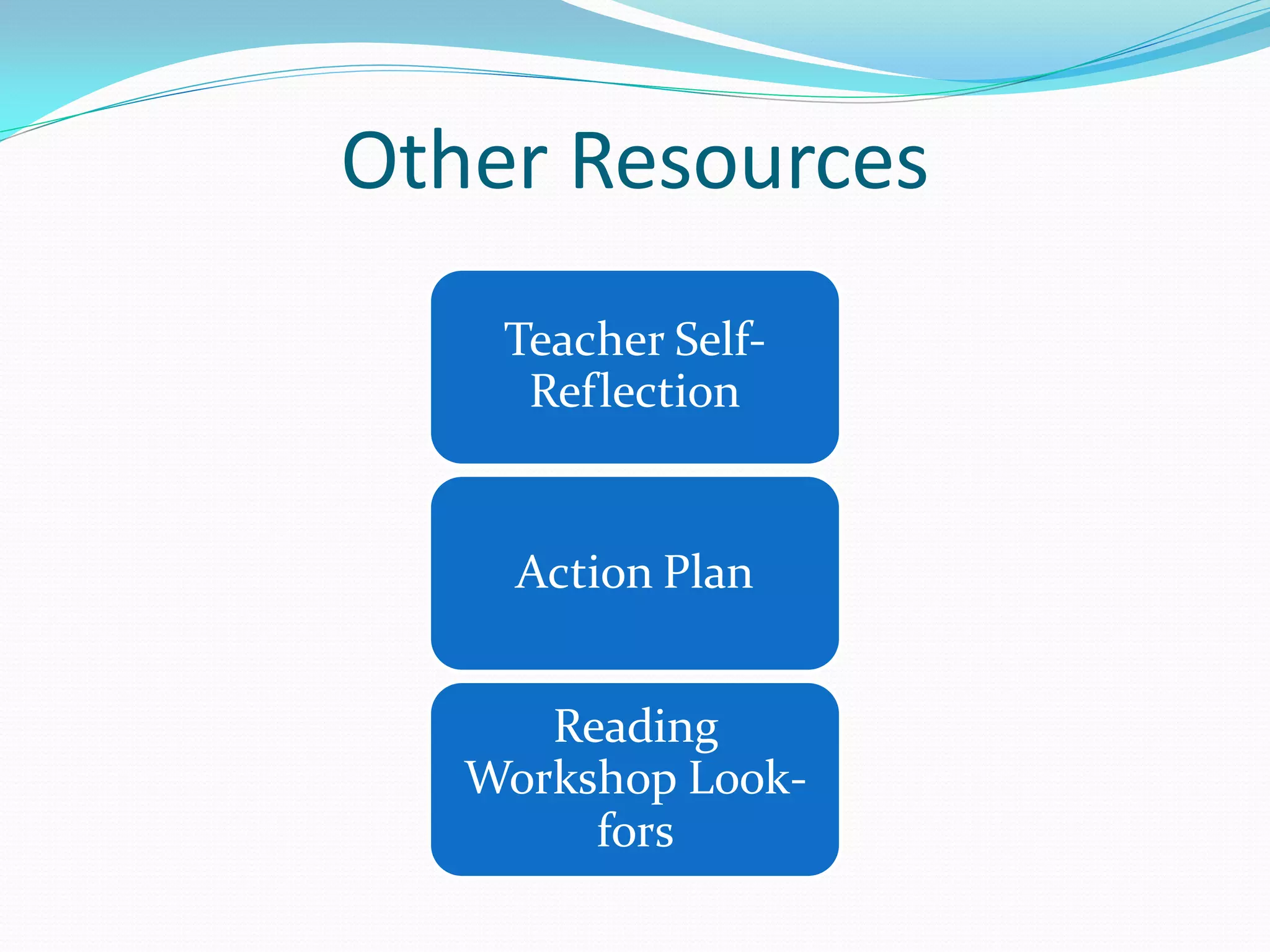 Other Resources 
Teacher Self- Reflection 
Action Plan 
Reading Workshop Look- fors  