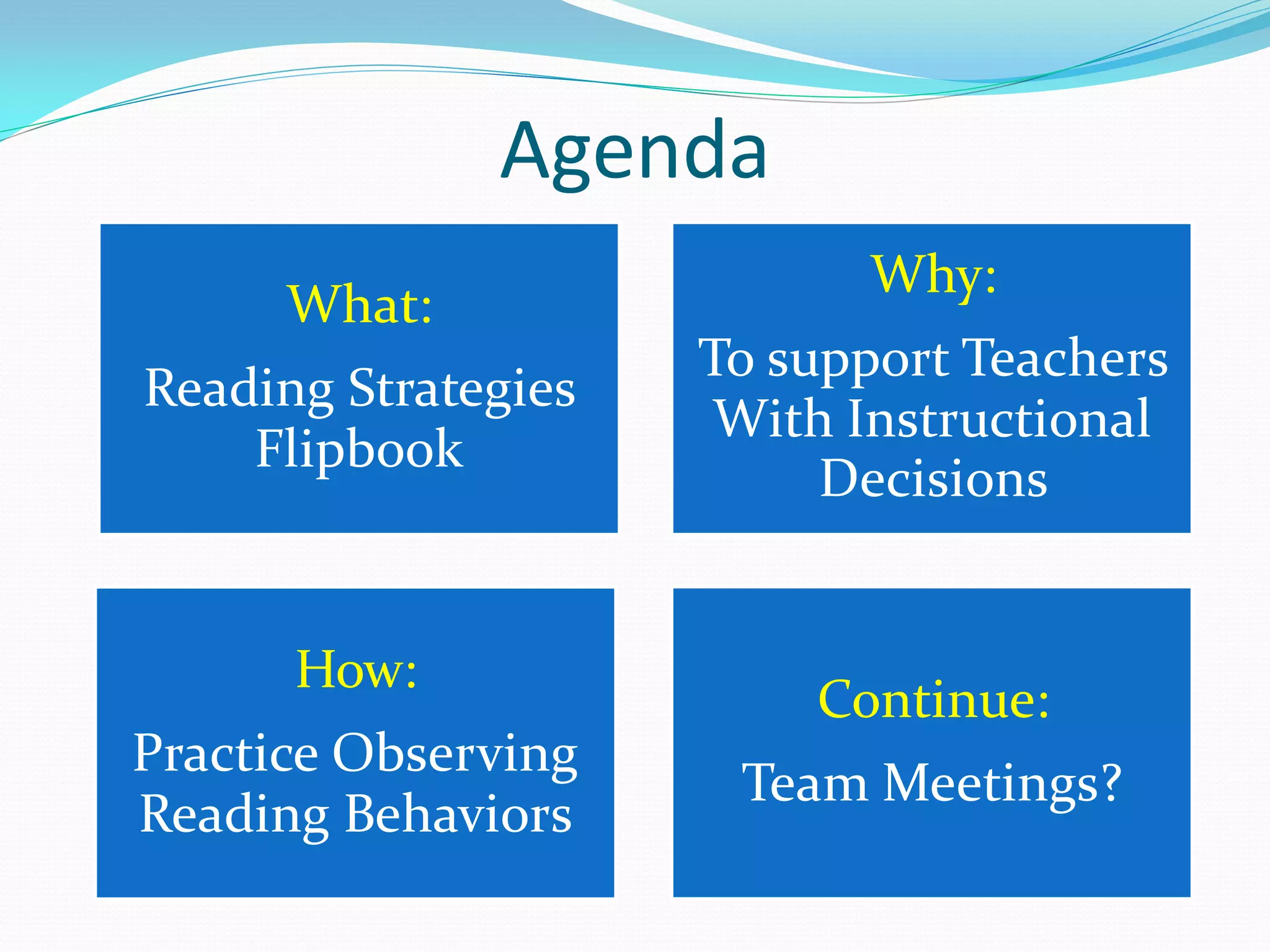 Agenda 
What: 
Reading Strategies Flipbook 
Why: 
To support Teachers With Instructional Decisions 
How: 
Practice Observing Reading Behaviors 
Continue: 
Team Meetings?  
