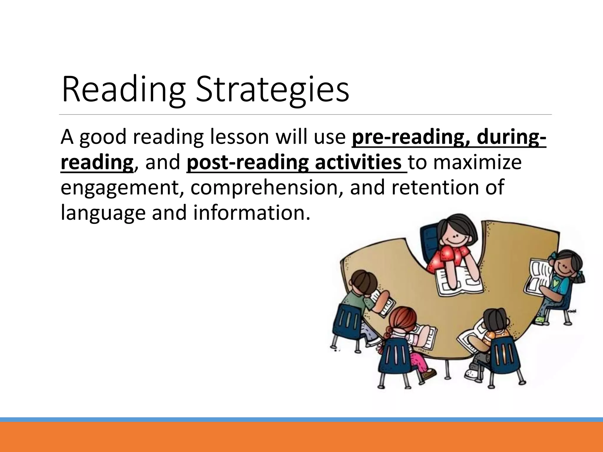 Reading Strategies
A good reading lesson will use pre-reading, during-
reading, and post-reading activities to maximize
engagement, comprehension, and retention of
language and information.
 