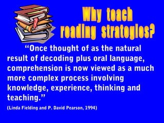 “Once thought of as the natural
result of decoding plus oral language,
comprehension is now viewed as a much
more complex process involving
knowledge, experience, thinking and
teaching.”
(Linda Fielding and P. David Pearson, 1994)
 