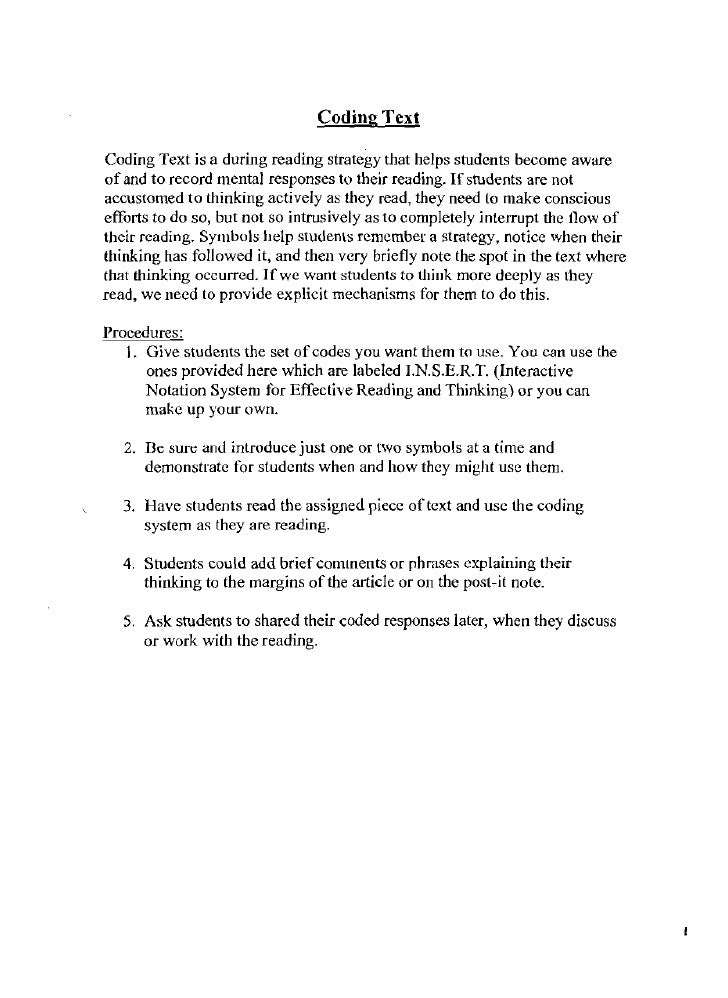 Coding Text Worksheet Reading Strategy