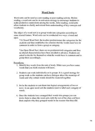 Word Sorts

Word sorts can be used as a pre-reading or post-reading activity. Before
reading, a word sort can be an activation strategy to encourage students to
make predictive connections among the words. After reading, word sorts
allow students to claritY and extend their understanding of key concepts and
vocabulary.

The object of a word sort is to group words into categories according to
some shared feature. Word sorts can be conducted two ways: closed and
open.
      • A Closed Word Sort: the teacher predetem,ines the categories for the
      students and thus establishes the criterion that the words must have in
      common in order to fonn a group or category.

      'An Open Word Sort: there are no predetermined categories and thus
      no shared characteristics have been decided in advance. Students are
      asked to decide for themselves what the words have in common and to
      group them accordingly.

Procedures:
   I. IdentitY key words from the unit of study. Make sure you have some
      words that you think students will know.

   2. Students can work individually or in groups. It is a good strategy ror
      group work as the students can have dialogue about the meanings of
      words and why certain words should be clustered together.


  3. Invite the students to sort them into logical arrangements of two or
     more. In an open word sort the students need to label each category of
      words.

  4. Once the students have arranged their words into groups you can
     invite them to share the word sorts with the rest ofthe elass and have
     them explain why they grouped words in the manner that they did.




                                                                                10
 