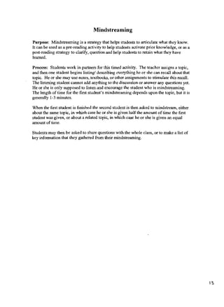 Mindstreaming

Purpose: Mindstreaming is a strategy that helps students to artieulate what they know.
It can be used as a pre-reading activity to help students activate prior knowledge, or as a
post-reading strategy to clarify, question and help students to retain what they have
learned.

Process: Students work in partners for this timed activity. The teacher assigns a topic,
and then one student begins listing! describing everything he or she can recall about that
topic. He or she may use notes, textbooks, or other assignments to stimulate this recal1.
The listening student cannot add anything to the discussion or answer any questions yet.
He or she is only supposed to listen and encourage the student who is mindslreaming.
The length of time for the first student's mindstreaming depends upon the topie, but it is
generally 1-3 minutes.

When the fust student is fmished the second student is then asked to mindstream, either
about the same topic, in wrueh case he or she is given half the amount of time the fust
student was given, or about a related topic, in which case he or she is given an equal
amount of time.

Students may then be asked to share questions with the whole cla<;s, or to make a list of
key information that they gathered from their mindstreaming.




                                                                                              I?,
 