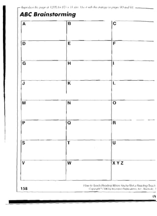 Reprodl}(-~ fhi,', pu~JP 0/ ,)(),'t   I()(   EJ /:-, x I'   Si7C   USC I!   wi/I, If Ie   )/otcrJV   en pogeo 90 0J:d 9/                               _

    ABC Brainstorming
     A                                                 B                                                      C



     0                                                 E                                                      F



     G                                                 H                                                      I



     J                                                 K                                                      l



     M                                                 N                                                      0


                                                                                                                                                         --,
     p                                                a                                                       R



     s                                                T                                                      U


    '--


     v                                                w                                                      XYZ



                                                                         fIt)W 10 {i.!fJC!i     (-IAadIrHJ Whon You're Not a Reacfing THach
    158                                                                          (~')jJ~IJpllt (r;;~J(J61J'/ /q(Y~JllfV' Plltdil~dli(1(]";, IIIC,   NwclI!I(c, )




-
 