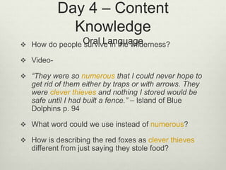 Day 4 – Content
Knowledge
Oral Language How do people survive in the wilderness?
 Video-
 “They were so numerous that I could never hope to
get rid of them either by traps or with arrows. They
were clever thieves and nothing I stored would be
safe until I had built a fence.” – Island of Blue
Dolphins p. 94
 What word could we use instead of numerous?
 How is describing the red foxes as clever thieves
different from just saying they stole food?
 