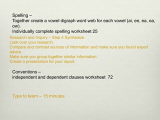 Research and Inquiry – Step 4 Synthesize
Look over your research.
Compare and contrast sources of information and make sure you found expert
advice.
Make sure you group together similar information.
Create a presentation for your report.
Spelling –
Together create a vowel digraph word web for each vowel (ai, ee, ea, oa,
ow).
Individually complete spelling worksheet 25
Conventions –
independent and dependent clauses worksheet 72
Type to learn – 15 minutes
 
