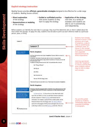 Skills
Development
9
Explicit strategy instruction
Reading Success provides efﬁcient, generalizable strategies designed to be effective for a wide range
of students. Reading Success utilizes:
t Direct explanation
of the strategy
t Demonstrations or modeling
of the strategy
t Guided or scaffolded practice
that assists students as they
learn to apply the strategy
t Application of the strategy,
over time, to a variety of
examples until students are
able to use it automatically
and independently
Level B Teacher Book, Lesson 3
Before students can identify the main idea in a passage, they must ﬁrst determine who or what is talked about the
most within the passage. To apply this step, students must be able to point out each reference made to a particular
person, place, or thing.
Students have already
learned in Lesson 1 that
pronouns are a type
of anaphora, a way to
refer to something by
a different name. In
Lesson 3, the concept
of anaphora is reviewed,
then expanded
beyond pronouns by
direct explanation.
Learning specialized
words like “anaphora”
is a bonus activity that
gives students mature
ways to refer to ideas
and concepts.
You provide guided
practice as students
immediately apply their
expanded knowledge
to paragraphs.
 