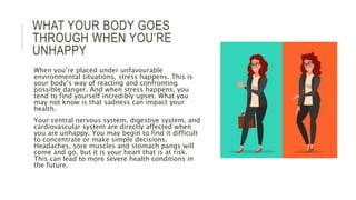 WHAT YOUR BODY GOES
THROUGH WHEN YOU’RE
UNHAPPY
When you’re placed under unfavourable
environmental situations, stress happens. This is
your body’s way of reacting and confronting
possible danger. And when stress happens, you
tend to find yourself incredibly upset. What you
may not know is that sadness can impact your
health.
Your central nervous system, digestive system, and
cardiovascular system are directly affected when
you are unhappy. You may begin to find it difficult
to concentrate or make simple decisions.
Headaches, sore muscles and stomach pangs will
come and go, but it is your heart that is at risk.
This can lead to more severe health conditions in
the future.
 