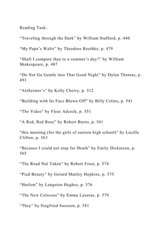 Reading Task:
“Traveling through the Dark” by William Stafford, p. 440
“My Papa’s Waltz” by Theodore Roethke, p. 479
“Shall I compare thee to a summer’s day?” by William
Shakespeare, p. 487
“Do Not Go Gentle into That Good Night” by Dylan Thomas, p.
491
“Alzheimer’s” by Kelly Cherry, p. 512
“Building with Its Face Blown Off” by Billy Colins, p. 541
“The Video” by Fleur Adcock, p. 551
“A Red, Red Rose” by Robert Burns, p. 561
"this morning (for the girls of eastern high school)” by Lucille
Clifton, p. 563
“Because I could not stop for Death” by Emily Dickinson, p.
565
“The Road Not Taken” by Robert Frost, p. 574
“Pied Beauty” by Gerard Manley Hopkins, p. 575
“Harlem” by Langston Hughes, p. 576
“The New Colossus” by Emma Lazarus, p. 579
“They” by Siegfried Sassoon, p. 581
 