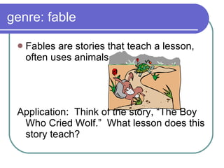 genre: fable Fables are stories that teach a lesson, often uses animals Application:  Think of the story, “The Boy Who Cried Wolf.”  What lesson does this story teach? 