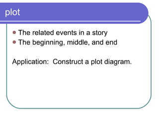 plot The related events in a story The beginning, middle, and end Application:  Construct a plot diagram. 