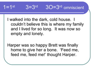 1=1 st   3=3 rd     3O=3 rd   omniscient I walked into the dark, cold house.  I couldn’t believe this is where my family and I lived for so long.  It was now so empty and lonely. Harper was so happy Brett was finally home to give her a bone.  ‘Feed me, feed me, feed me!’ thought Harper.  