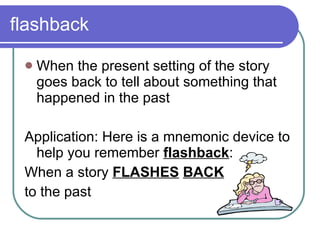 flashback When the present setting of the story goes back to tell about something that happened in the past Application: Here is a mnemonic device to help you remember  flashback : When a story  FLASHES   BACK   to the past  