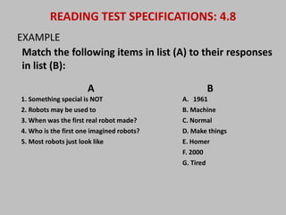 READING TEST SPECIFICATIONS: 4.8 
EXAMPLE 
Match the following items in list (A) to their responses 
in list (B): 
A B 
1. Something special is NOT A. 1961 
2. Robots may be used to B. Machine 
3. When was the first real robot made? C. Normal 
4. Who is the first one imagined robots? D. Make things 
5. Most robots just look like E. Homer 
F. 2000 
G. Tired 
 