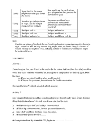 Type 2
If you lived in the moon,
(impossible that you live in
the moon)
You would see the earth above
you. (impossible that you see the
earth above you)
Type 3
If we had got independence
in 1940, (we did not get
independence in 1940)
Japanese would not have
colonialized our country.
(Japanese colonialized our
country)
Type 1 If subject verb 1st Subject will verb 1st
Type 2 If subject verb 2snd Subject would verb 1st
Type 3 If subject had verb 3rd Subject would have verb 3rd
Note:
Possible variations of the basic forms:Conditional sentences may take negative forms.In
type 1 instead of will, we may use can, may, might, must, or should.In type 2 instead of
would, we may use might or could.In type 3 instead of would have, we may use might
have, or could have.
5. SPEAKING
Activity 1
Please imagine that your friend is the one in the list below. Ask him/ her that s(he) would or
could do if s(he) were the one in the list. Change roles and practice the activity again. Start
like this:
A : If you were the President what would you do?
B : If I were the president, I would raise the fund for education.
Here are the lists:President, an artist, a bird, a rector,
Activity 2
Now imagine that your friend has something that s(he) doesn’t really have, or can do some
thing that s(he) really can’t do. Ask your friend, starting like this:
A : What would you do if you had Rp. 100.000.000?
B : If I had Rp. 1000.000.000, I would go around the world.
A : and what would you do if you could fly planes.
B : If I could fly planes I would ………
No Imagination have Rp.1.000.000.000,fly planes ……………. …………….
 