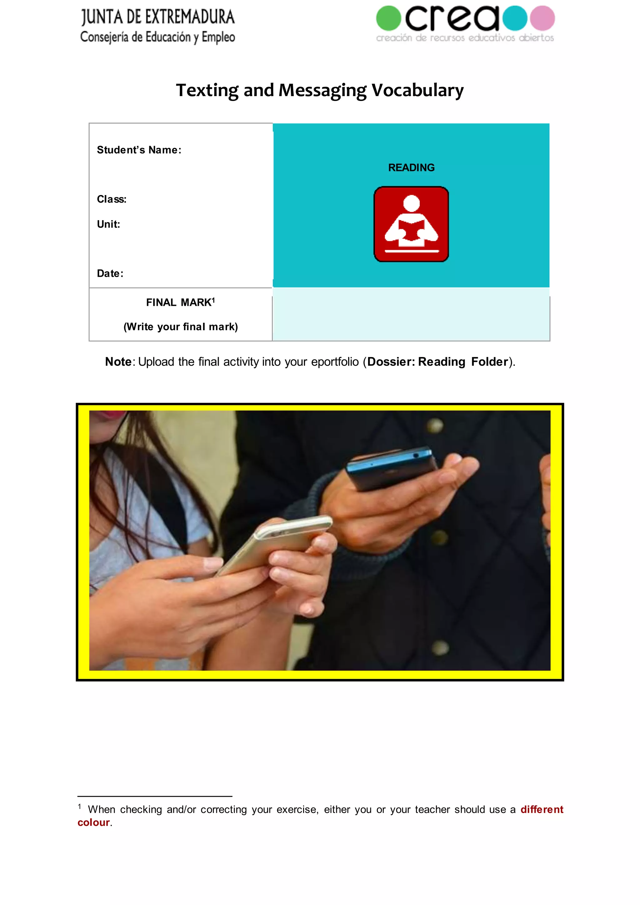 Texting Read Reading texting and messaging vocabulary | PDF