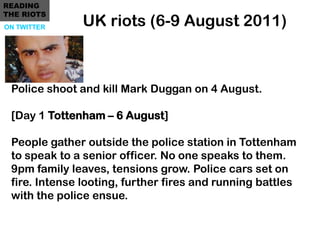 READING
THE RIOTS
ON TWITTER     UK riots (6-9 August 2011)



 Police shoot and kill Mark Duggan on 4 August.

 [Day 1 To...