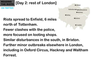 READING
THE RIOTS    [Day 2: rest of London]
ON TWITTER




 Riots spread to Enfield, 6 miles
 north of Tottenham.
 Fewer ...