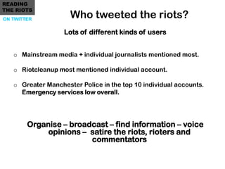 READING
THE RIOTS
ON TWITTER
                     Who tweeted the riots?
                   Lots of different kinds of use...