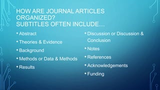 HOW ARE JOURNAL ARTICLES 
ORGANIZED? 
SUBTITLES OFTEN INCLUDE… 
• Abstract 
• Theories & Evidence 
• Background 
• Methods or Data & Methods 
• Results 
• Discussion or Discussion & 
Conclusion 
• Notes 
• References 
• Acknowledgements 
• Funding 
 