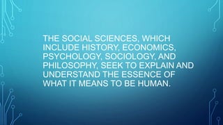 THE SOCIAL SCIENCES, WHICH 
INCLUDE HISTORY, ECONOMICS, 
PSYCHOLOGY, SOCIOLOGY, AND 
PHILOSOPHY, SEEK TO EXPLAIN AND 
UNDERSTAND THE ESSENCE OF 
WHAT IT MEANS TO BE HUMAN. 
 