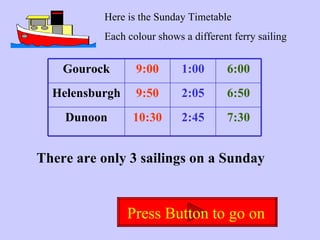 Here is the Sunday Timetable Each colour shows a different ferry sailing There are only 3 sailings on a Sunday Press Button to go on   Gourock 9:00 1:00 6:00 Helensburgh 9:50 2:05 6:50 Dunoon 10:30 2:45 7:30 