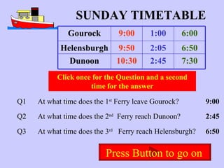 SUNDAY TIMETABLE Click once for the Question and a second time for the answer Q1 Q2 Q3 At what time does the 1 st  Ferry leave Gourock? At what time does the 2 nd   Ferry reach Dunoon? At what time does the 3 rd   Ferry reach Helensburgh? 9:00 2:45 6:50 Press Button to go on   Gourock 9:00 1:00 6:00 Helensburgh 9:50 2:05 6:50 Dunoon 10:30 2:45 7:30 