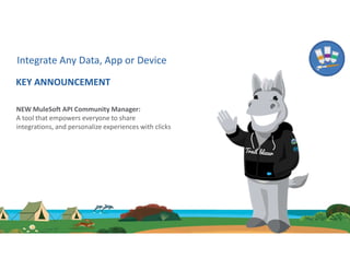 Integrate Any Data, App or Device
KEY ANNOUNCEMENT
NEW MuleSoft API Community Manager:
A tool that empowers everyone to share
integrations, and personalize experiences with clicks
 