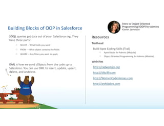 Building Blocks of OOP in Salesforce
SOQL queries get data out of your Salesforce org. They
have three parts:
○ SELECT -- What fields you want
○ FROM -- What object contains the fields
○ WHERE -- Any filters you want to apply
DML is how we send sObjects from the code up to
Salesforce. You can use DML to insert, update, upsert,
delete, and undelete.
Resources
Trailhead
Build Apex Coding Skills (Trail)
○ Apex Basics for Admins (Module)
○ Object-Oriented Programming for Admins (Module)
Websites
http://radwomen.org
http://sfdc99.com
http://WomenCodeHeroes.com
http://archladies.com
 
