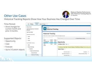 Other Use Cases
Time Period:
• Show changes for current
month and prior 3 months
Supported Objects:
• Opportunity
• Case
• Forecast
• Up to 3 Custom objects
Historical Tracking Reports Show How Your Business Has Changed Over Time
 