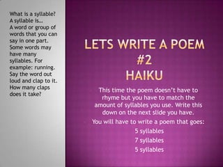 Lets write a poem togetherWhat type of poem am I describing?Write your poem on your next square to your right!www.rhymezone.com.This link will help you rhyme if you need help.It has to be Four lines and it has to Rhyme in the format abab. I will walk you through it.Lets start:Think of a topic- any topic, it can be chosen at random if you wish.Now write your first line. Make sure you last word in the sentence can be rhymed. (brainstorm if you have to, I also have a website down below to help you rhyme). DON’T USE THE WORD ORANGE!Find a collection of words that rhyme together. And have them ready for when you write the next sentence. Continue on this way making sure the first two lines and the last two lines rhyme in the A and B format. You did it!!!! You wrote a Poem!