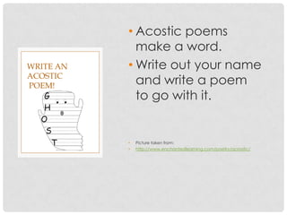 Lets write a Poem #2Haiku What is a syllable?A syllable is… A word or group of words that you can say in one part. Some words may have many syllables. For example: running. Say the word out loud and clap to it. How many claps does it take? This time the poem doesn’t have to rhyme but you have to match the amount of syllables you use. Write this down on the next slide you have.