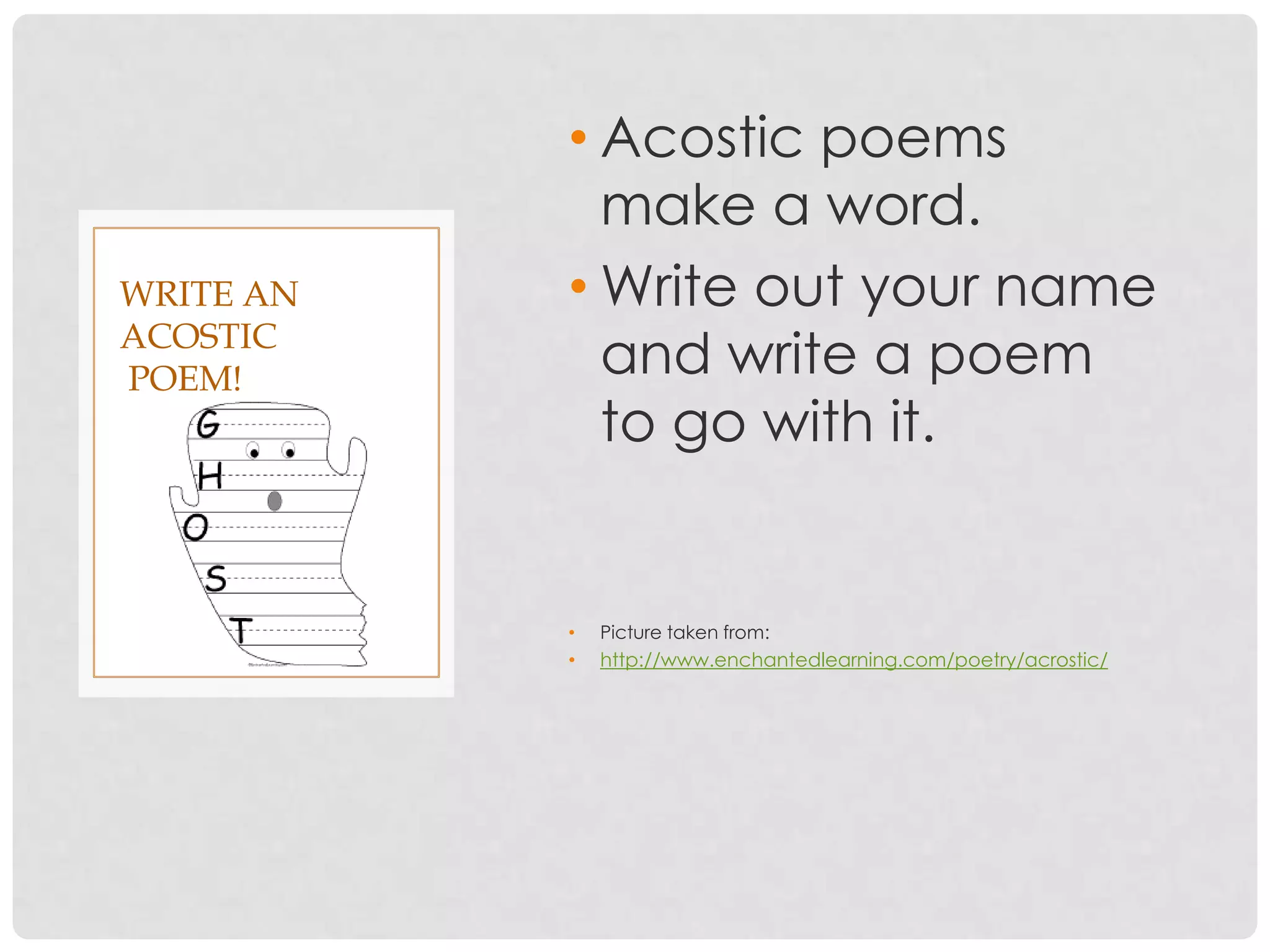 Lets write a Poem #2Haiku What is a syllable?A syllable is… A word or group of words that you can say in one part. Some words may have many syllables. For example: running. Say the word out loud and clap to it. How many claps does it take? This time the poem doesn’t have to rhyme but you have to match the amount of syllables you use. Write this down on the next slide you have.