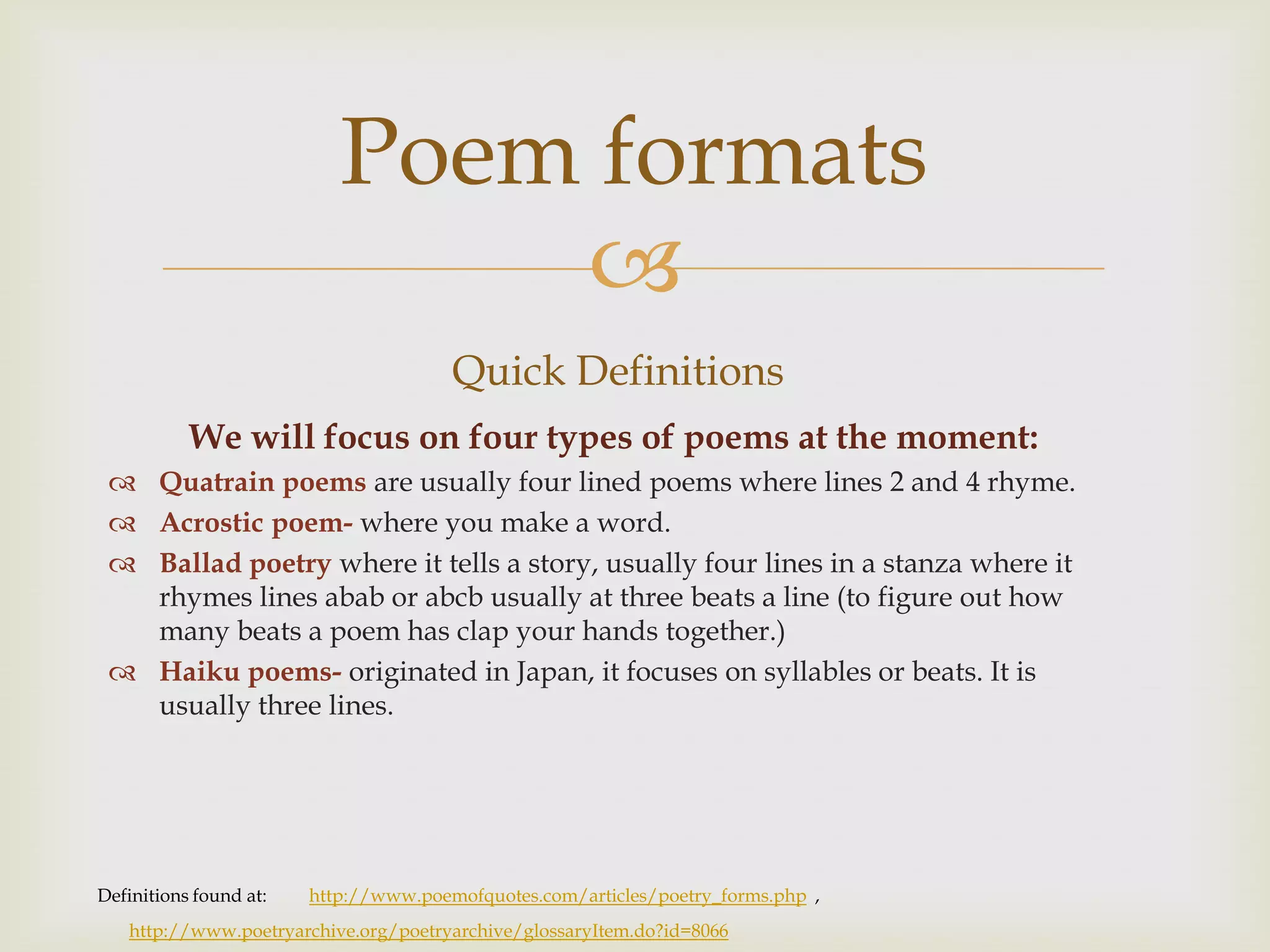 Types of poems Poems and Rhyming