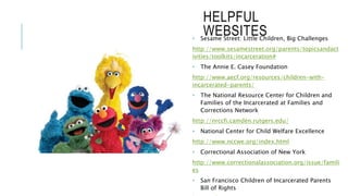 HELPFUL
WEBSITES• Sesame Street: Little Children, Big Challenges
http://www.sesamestreet.org/parents/topicsandact
ivities/toolkits/incarceration#
• The Annie E. Casey Foundation
http://www.aecf.org/resources/children-with-
incarcerated-parents/
• The National Resource Center for Children and
Families of the Incarcerated at Families and
Corrections Network
http://nrccfi.camden.rutgers.edu/
• National Center for Child Welfare Excellence
http://www.nccwe.org/index.html
• Correctional Association of New York
http://www.correctionalassociation.org/issue/famili
es
• San Francisco Children of Incarcerated Parents
Bill of Rights
 