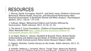 RESOURCES
1. Murray, David; Farrington, David P.; and Sekol, Ivana. Children’s Antisocial
Behavioral, Mental Health, Drug Use, and Educational Performance After
Parental Incarceration: A Systematic Review and Meta-Analysis. Psychological
Bulletin. 2012; 138 (2): 175-210.
2. Sullivan, Megan. Welcoming Children and Families Affected by
Incarceration. Public Libraries. 2013; 52 (4): 41-43.
3. The Annie E. Casey Foundation. Children of Incarcerated Parents Fact
Sheet. Retrieved from http://www.aecf.org/resources/children-of-
incarcerated-parents-fact-sheet/
4. La Vigne, Nancy G.; Davies, Elizabeth & Brazzell, Diana. Broken Bonds:
Understanding and Addressing the Needs of Children with Incarcerated
Parents. Urban Institute Justice Policy Center Research Report. 2008.
5. Higgins, Nicholas. Family Literacy on the Inside. Public Libraries. 2013; 52
(1): 30-35.
6. Schlafer, Rebecca J.; Scrignoli, Alyssa. Tough Topic, Necessary Reading:
 