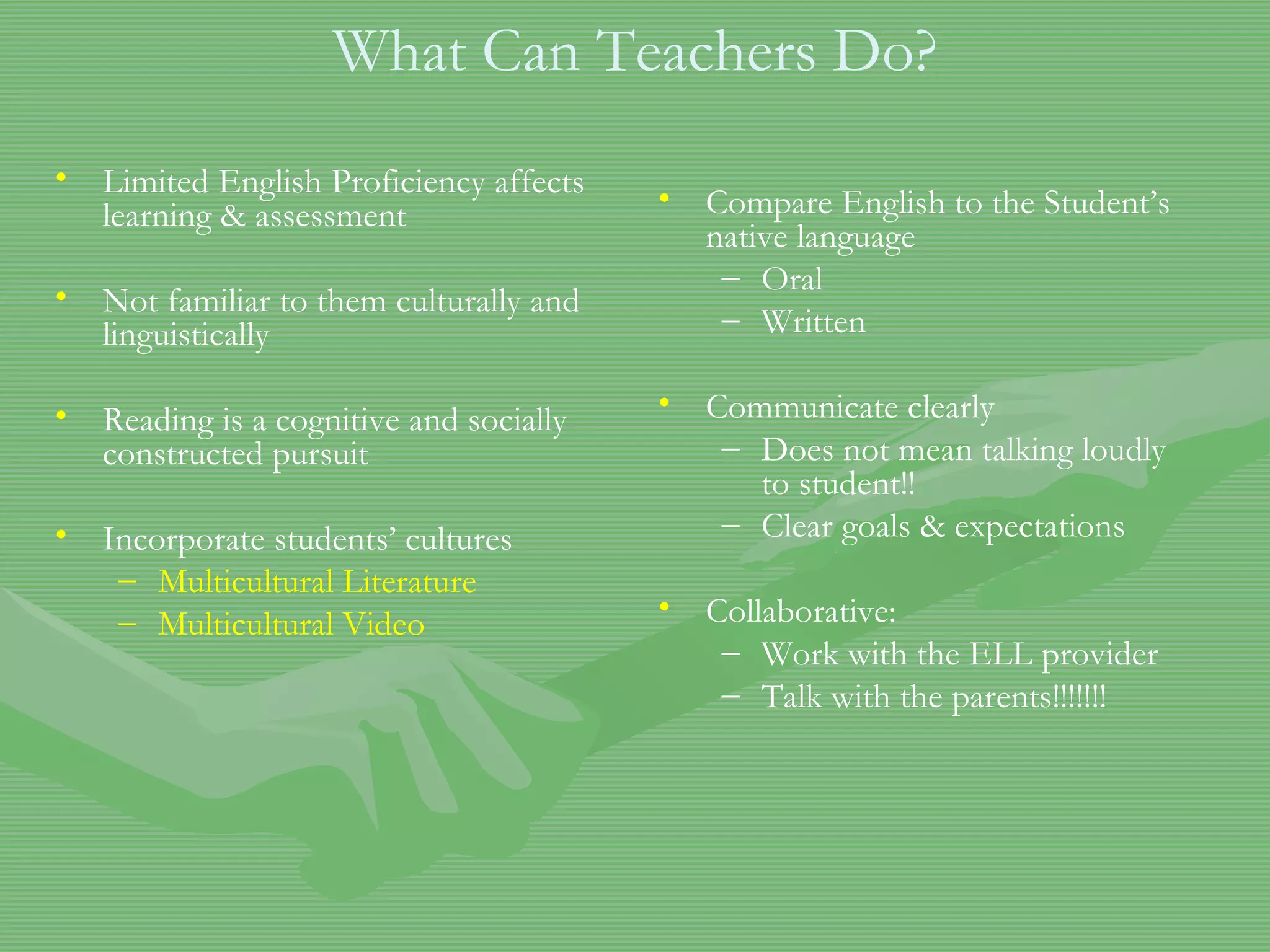 What Can Teachers Do? Limited English Proficiency affects learning & assessment Not familiar to them culturally and linguistically Reading is a cognitive and socially constructed pursuit Incorporate students’ cultures Multicultural Literature Multicultural Video Compare English to the Student’s native language Oral Written Communicate clearly Does not mean talking loudly to student!! Clear goals & expectations Collaborative: Work with the ELL provider Talk with the parents!!!!!!! 