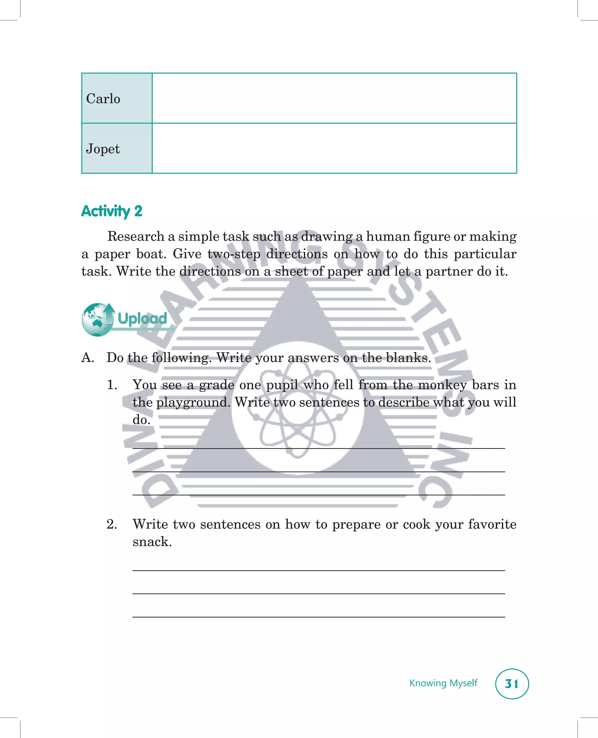 Carlo


Jopet



Activity 2
    Research a simple task such as drawing a human figure or making
a paper boat. Give two-step directions on how to do this particular
task. Write the directions on a sheet of paper and let a partner do it.


         Upload

A. Do the following. Write your answers on the blanks.

    1.    You see a grade one pupil who fell from the monkey bars in
          the playground. Write two sentences to describe what you will
          do.
          _______________________________________________________
          _______________________________________________________
          _______________________________________________________

    2.    Write two sentences on how to prepare or cook your favorite
          snack.
          _______________________________________________________
          _______________________________________________________
          _______________________________________________________




                                                     Knowing Myself   31
 