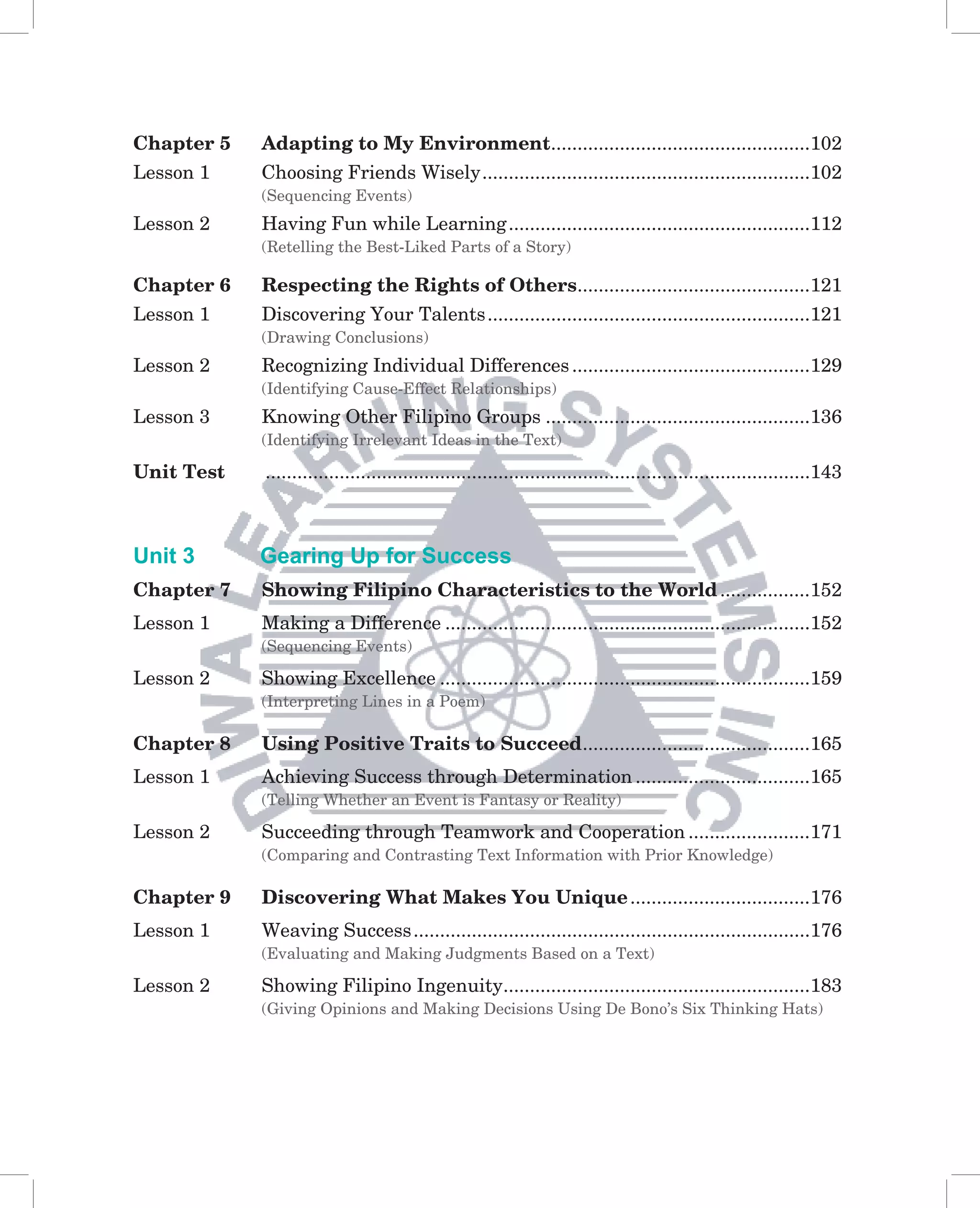 Chapter 5   Adapting to My Environment.................................................102
Lesson 1    Choosing Friends Wisely ..............................................................102
            (Sequencing Events)
Lesson 2    Having Fun while Learning .........................................................112
            (Retelling the Best-Liked Parts of a Story)

Chapter 6   Respecting the Rights of Others ............................................121
Lesson 1    Discovering Your Talents .............................................................121
            (Drawing Conclusions)
Lesson 2    Recognizing Individual Differences .............................................129
            (Identifying Cause-Effect Relationships)
Lesson 3    Knowing Other Filipino Groups ..................................................136
            (Identifying Irrelevant Ideas in the Text)

Unit Test   .......................................................................................................143



Unit 3      Gearing Up for Success
Chapter 7   Showing Filipino Characteristics to the World .................152
Lesson 1    Making a Difference .....................................................................152
            (Sequencing Events)

Lesson 2    Showing Excellence ......................................................................159
            (Interpreting Lines in a Poem)

Chapter 8   Using Positive Traits to Succeed ...........................................165
Lesson 1    Achieving Success through Determination .................................165
            (Telling Whether an Event is Fantasy or Reality)

Lesson 2    Succeeding through Teamwork and Cooperation .......................171
            (Comparing and Contrasting Text Information with Prior Knowledge)

Chapter 9   Discovering What Makes You Unique ..................................176
Lesson 1    Weaving Success ...........................................................................176
            (Evaluating and Making Judgments Based on a Text)

Lesson 2    Showing Filipino Ingenuity..........................................................183
            (Giving Opinions and Making Decisions Using De Bono’s Six Thinking Hats)
 
