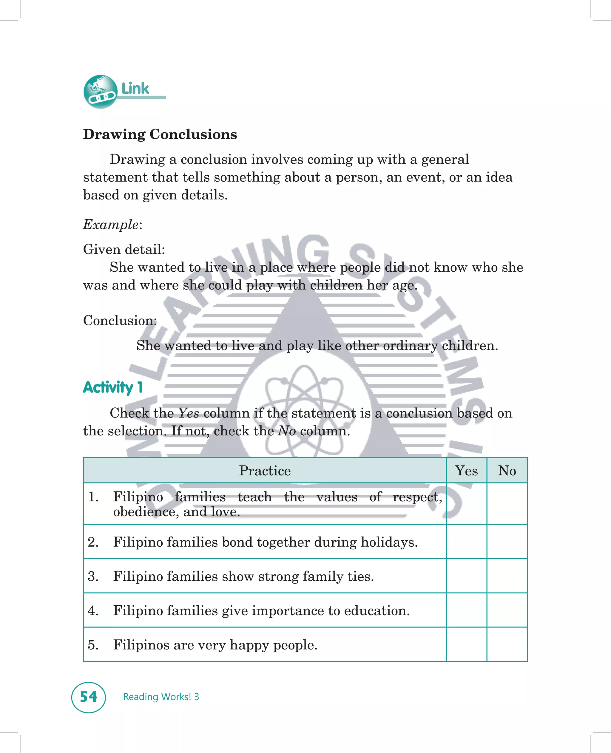 Link

Drawing Conclusions
    Drawing a conclusion involves coming up with a general
statement that tells something about a person, an event, or an idea
based on given details.

Example:
Given detail:
    She wanted to live in a place where people did not know who she
was and where she could play with children her age.

Conclusion:
        She wanted to live and play like other ordinary children.


Activity 1
    Check the Yes column if the statement is a conclusion based on
the selection. If not, check the No column.

                         Practice                         Yes   No
1.   Filipino families teach the values of respect,
     obedience, and love.

2.   Filipino families bond together during holidays.

3.   Filipino families show strong family ties.

4.   Filipino families give importance to education.

5.   Filipinos are very happy people.


54    Reading Works! 3
 
