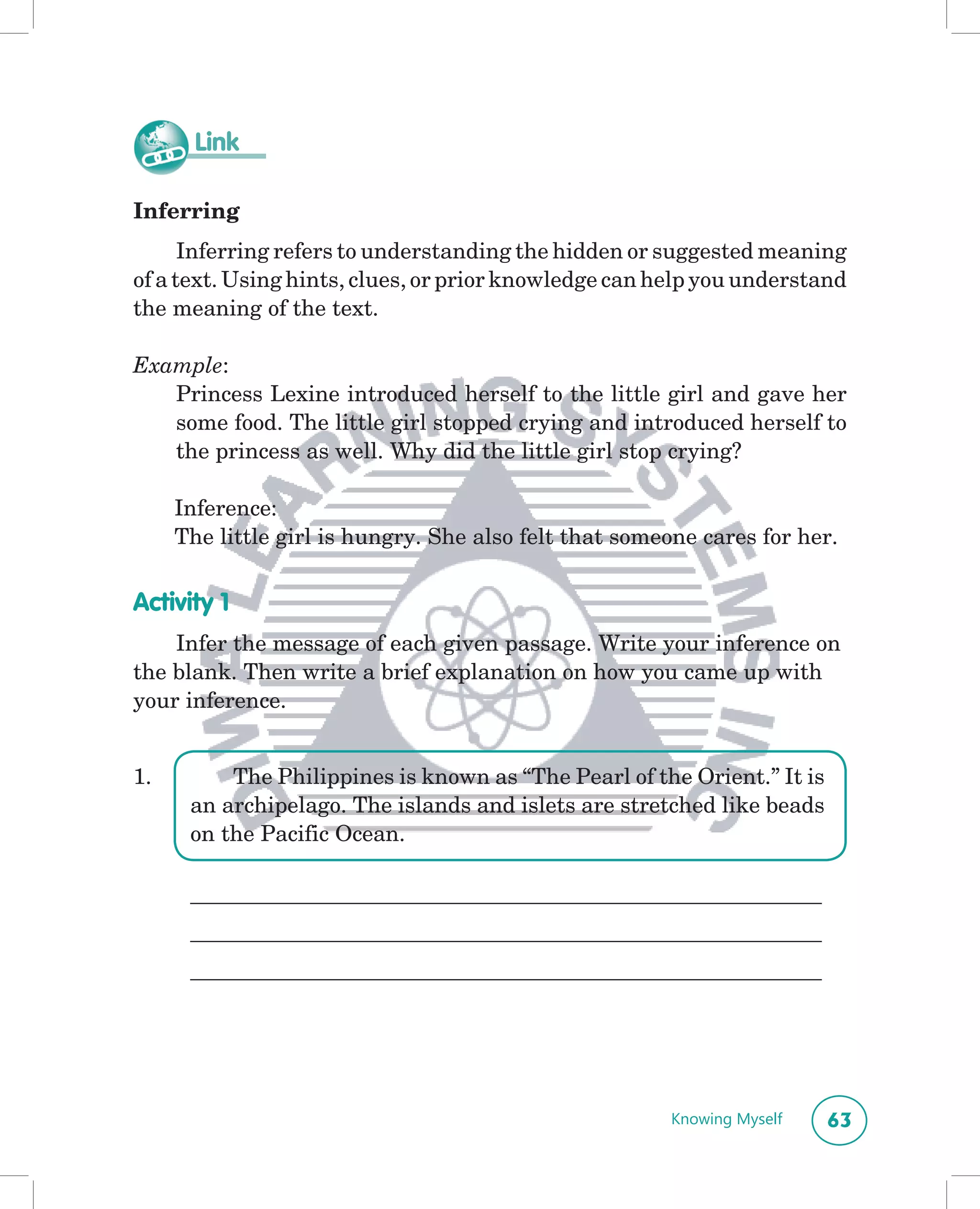 Link

Inferring
      Inferring refers to understanding the hidden or suggested meaning
of a text. Using hints, clues, or prior knowledge can help you understand
the meaning of the text.

Example:
   Princess Lexine introduced herself to the little girl and gave her
   some food. The little girl stopped crying and introduced herself to
   the princess as well. Why did the little girl stop crying?

     Inference:
     The little girl is hungry. She also felt that someone cares for her.


Activity 1
    Infer the message of each given passage. Write your inference on
the blank. Then write a brief explanation on how you came up with
your inference.


1.        The Philippines is known as “The Pearl of the Orient.” It is
      an archipelago. The islands and islets are stretched like beads
      on the Pacific Ocean.

      __________________________________________________________________
      __________________________________________________________________
      __________________________________________________________________




                                                        Knowing Myself     63
 